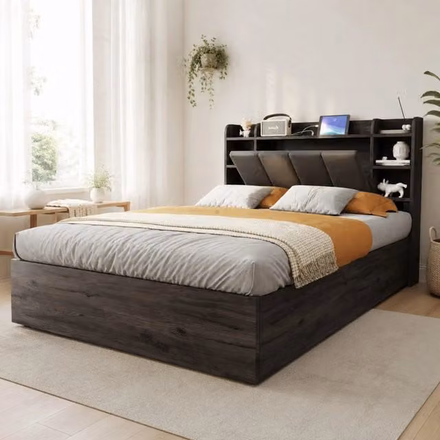 Letto singolo idraulico 140 x 200 cm con vano contenitore; prese USB e Tape-C; MDF grigio