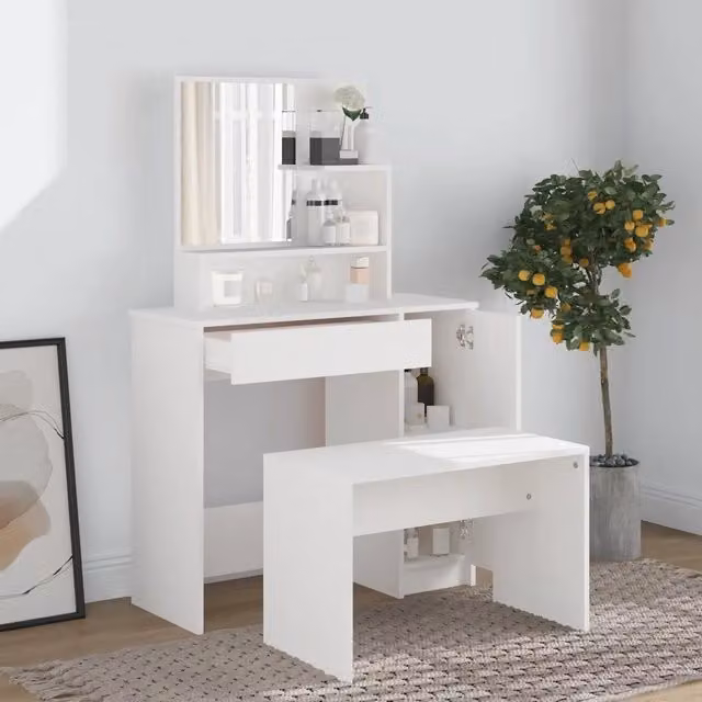 Set Tavolo da Toeletta vidaXL Bianco L: 86,5 cm, P: 35 cm, H: 136 cm – 1