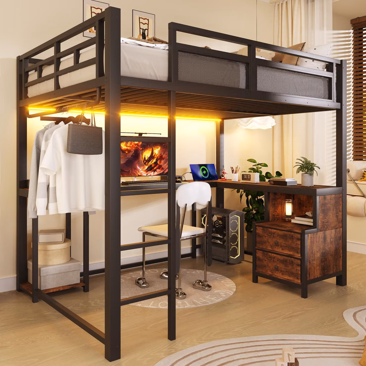 Letto a castello in metallo, 140 x 200 cm, con illuminazione a LED, stazione di ricarica USB, scrivania, ripiani e appendiabiti. Letto singolo, stile industriale, colore nero, materiale: acciaio