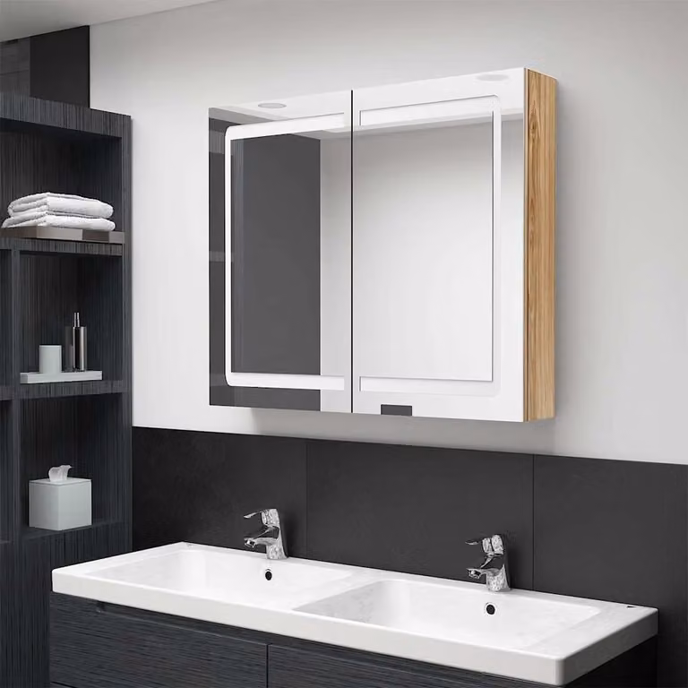 Armadietto da bagno moderno vidaXL con specchio e illuminazione LED in rovere, L 80 cm x P 12 cm x H 68 cm