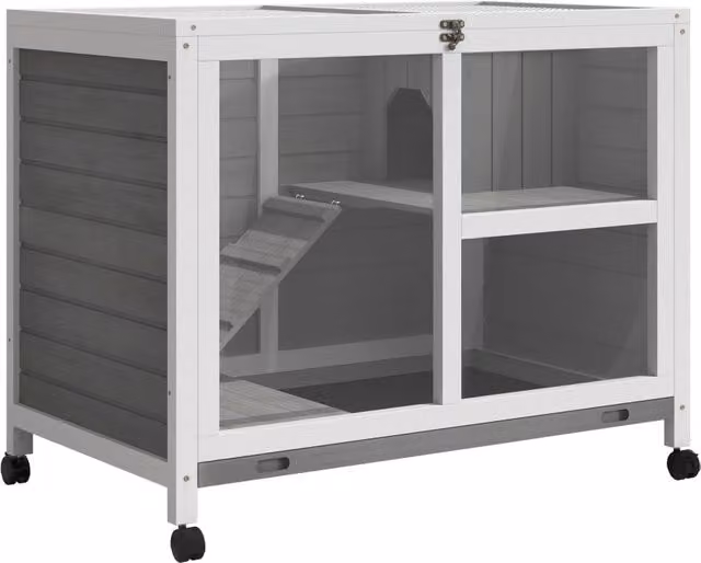 Casetta per conigli Minimal a 2 piani in legno massello di abete con ruote, grigio, L: 91,5 cm, P: 53,3 cm, H: 73 cm