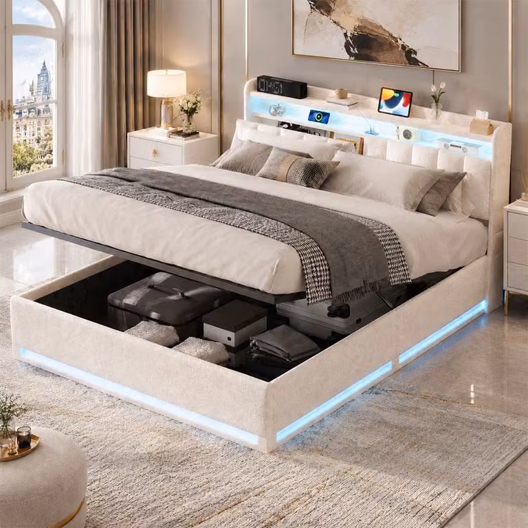 Letto idraulico INONEFT, 140 x 200 cm, con imbottitura, porta USB e luci LED, adatto per adolescenti, letto matrimoniale con spazio contenitore e rete a doghe, per adulti, in velluto, color beige