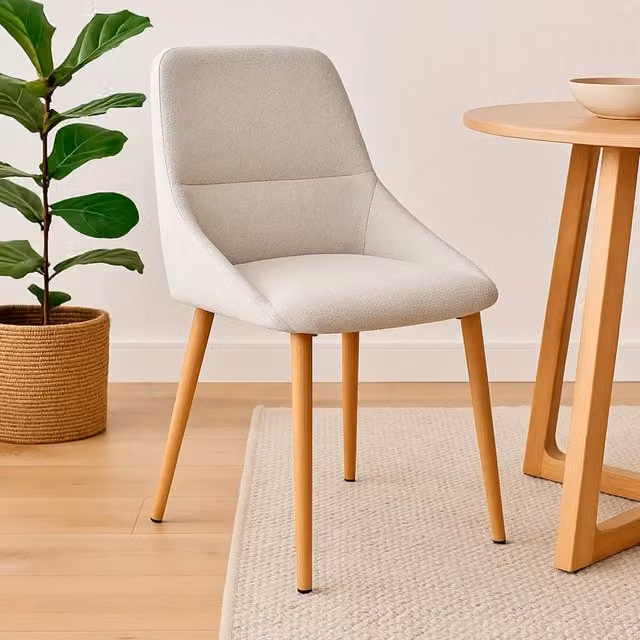 Sedia da pranzo Adney LÚZETE in tessuto color sabbia con gambe in legno di faggio