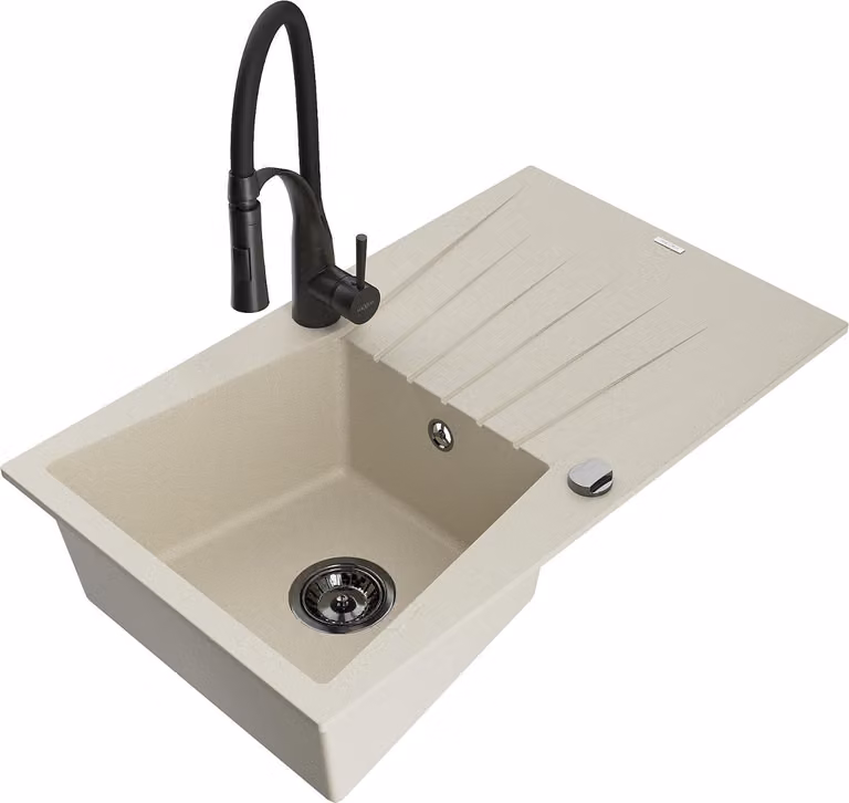Mexen Cesar lavello in granito a 1 vasca con gocciolatoio e rubinetto da cucina Aster, beige - 6514-69-73450-70-B