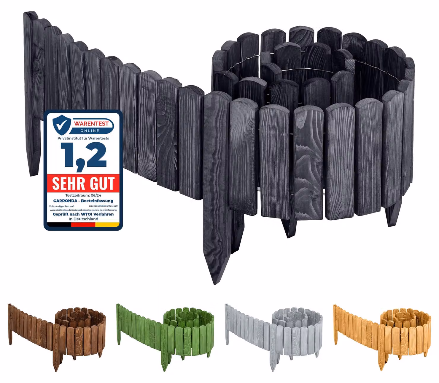 Garronda Bordi per giardino in rotoli di legno Recinzione per giardino Impregnata Bordo flessibile in rotoli Recinzione per giardino a palizzata Lunghezza: 200 cm GD-0046 (Grafite, Altezza: 10 cm)