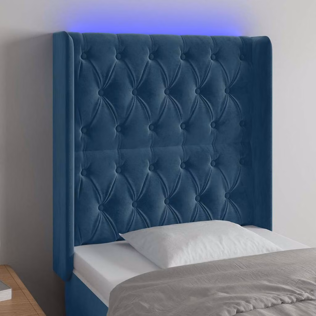 Testiera per letto vidaXL in velluto blu con illuminazione LED e porta di ricarica USB, L: 83 cm, P: 16 cm, H: 118-128 cm