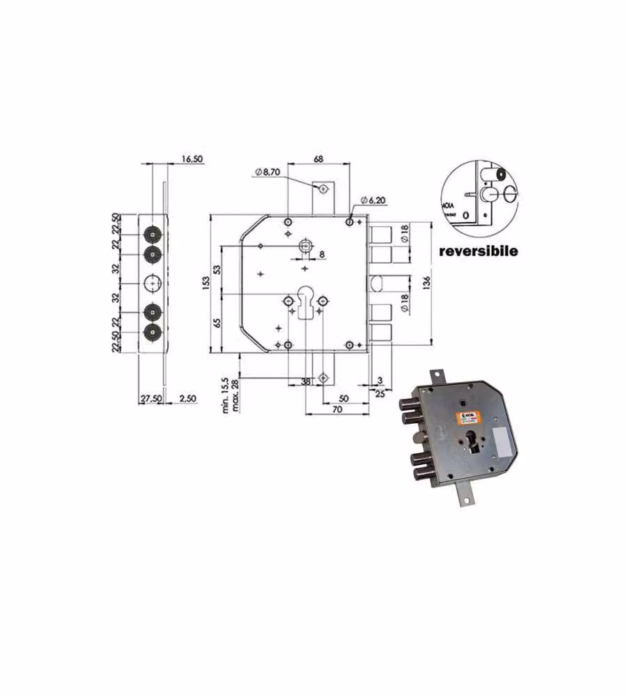 Serratura Sic.Triplice Destra Moia con Cilindro E73 Rte654/220 Colore Argento