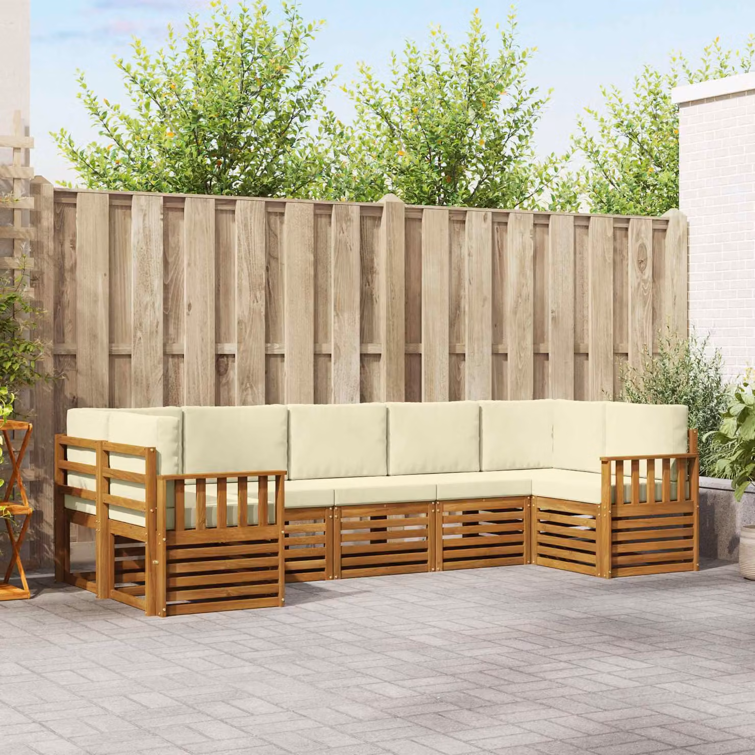 Set di divani da esterno vidaXL a forma di L composto da 7 pezzi in legno di acacia con cuscini inclusi, colore beige e marrone