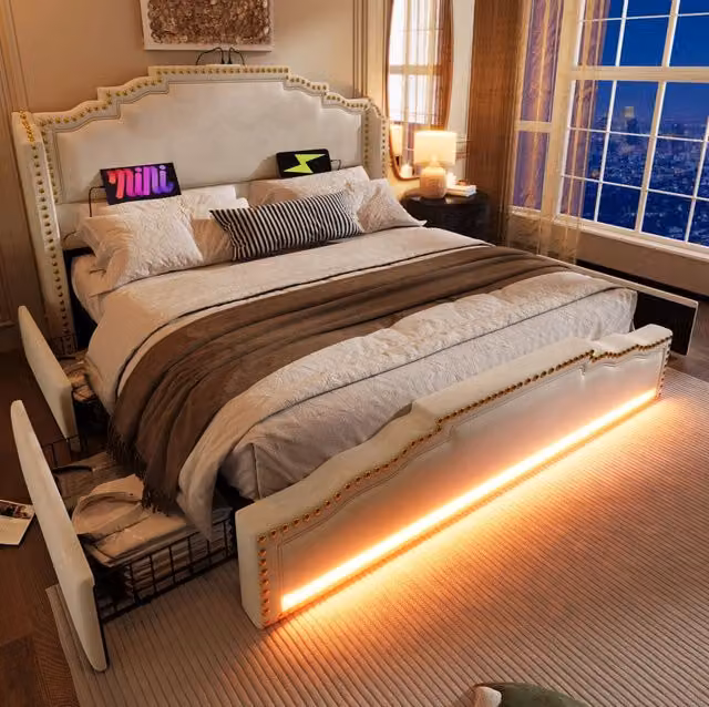 Letto matrimoniale contenitore 160x200 cm in velluto beige; con 4 cassetti; LED e USB-C