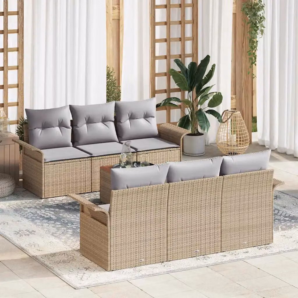 Set Divano da Giardino vidaXL in Polyrattan Beige con Cuscini e Tavolino da 7 Pezzi – 1