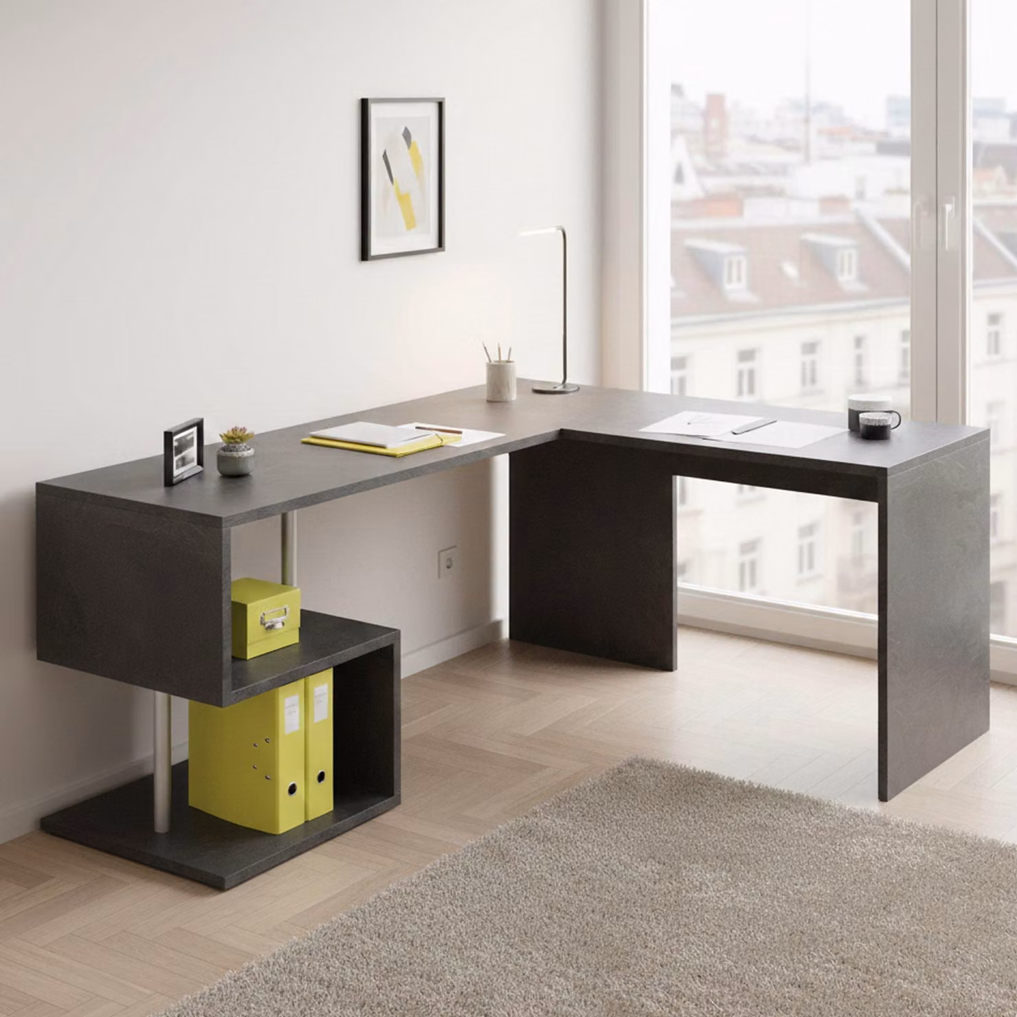 Dmora Scrivania Annibi 60x160x78h cm Grigio Ardesia, Angolare Modulabile Italy