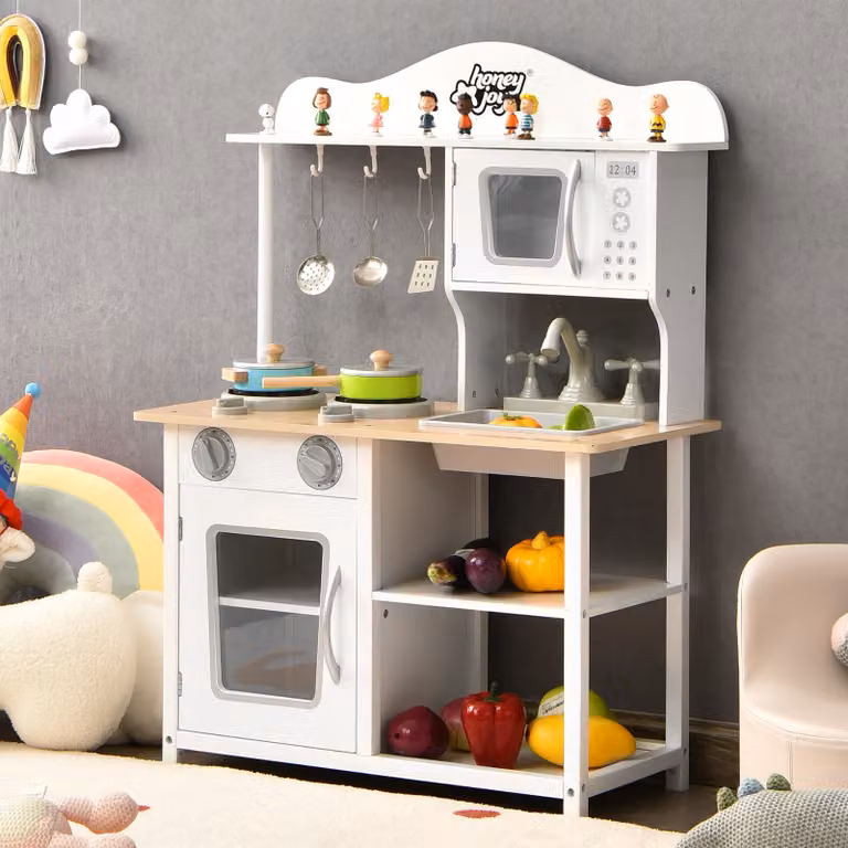 Set cucina giocattolo in legno Costway per bambini con lavello, fornello, pentole e utensili, Bianco