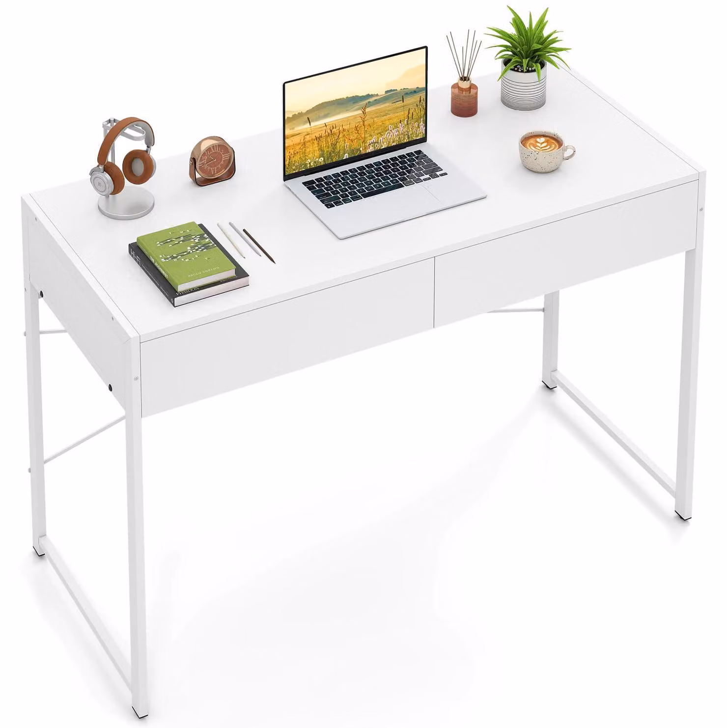 Scrivania con 2 cassetti, dimensioni 112x48x76 cm, colore bianco, struttura in metallo