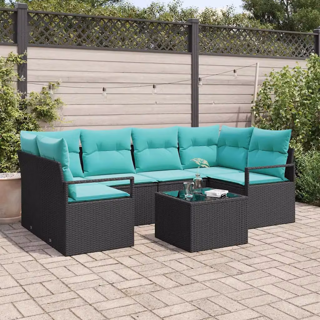 Set di divani da giardino vidaXL a forma di U con 7 pezzi, colore nero, blu e turchese, in rattan e metallo con cuscini inclusi