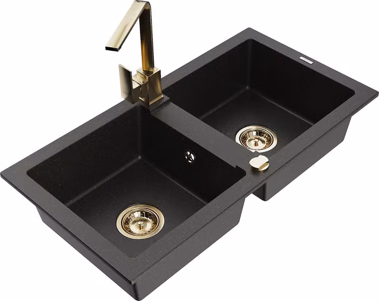 Mexen Mario lavello in granito a 2 vasche con miscelatore da cucina Rita, nero/oro metallizzato - 6504-75-670300-50