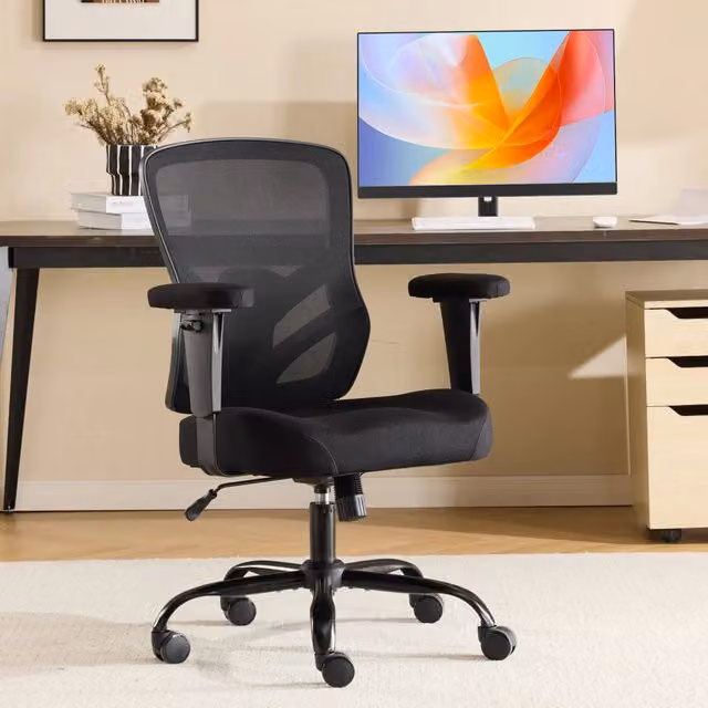 Sedia ergonomica da ufficio nera con braccioli e seduta in tessuto o pelle per casa e ufficio – 1