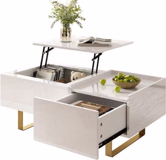 Tavolino moderno per soggiorno - Regolabile in altezza - Con cassetti portaoggetti - MDF - 100x50x54,5 cm - Bianco