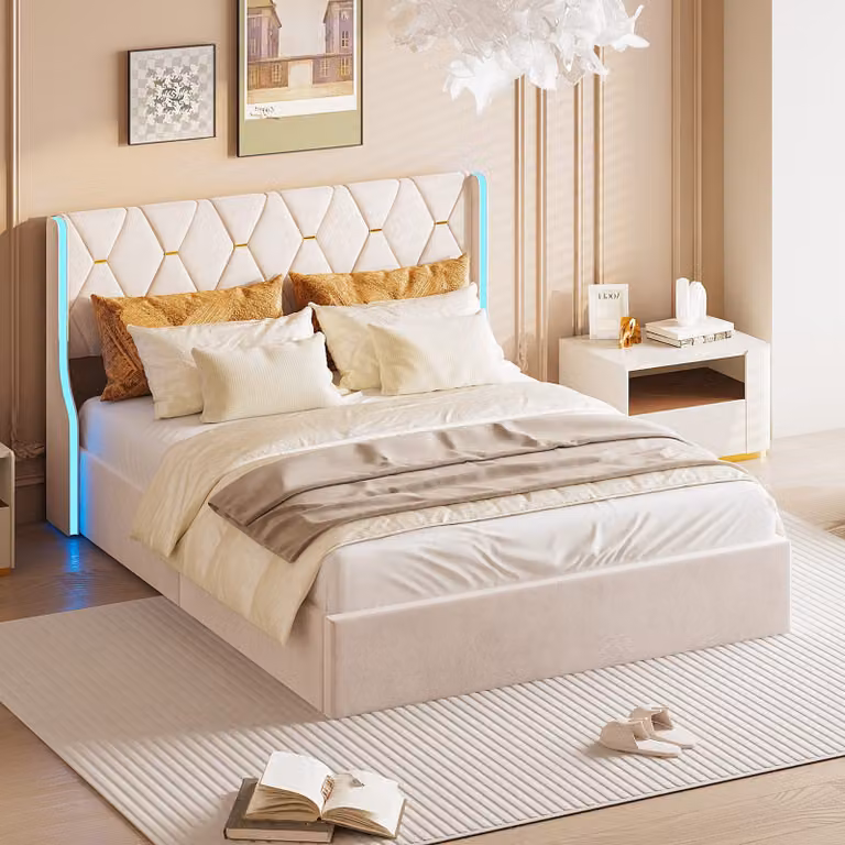 Letto imbottito Fortuna Lai 160x200cm, letto matrimoniale contenitore, contenitore sollevabile idraulicamente, con rete a doghe e contenitore, illuminazione LED, beige