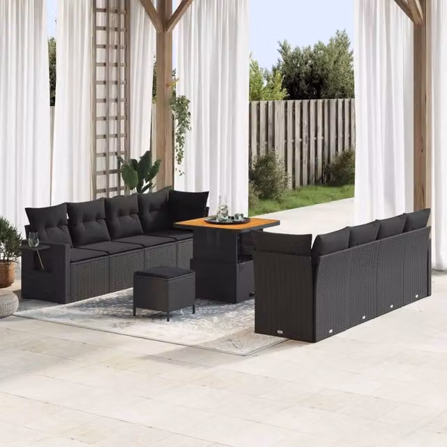 Set Divano da Giardino a U vidaXL Nero con Poltrona, Tavolino e Pouf in Polyrattan e Acciaio – 1