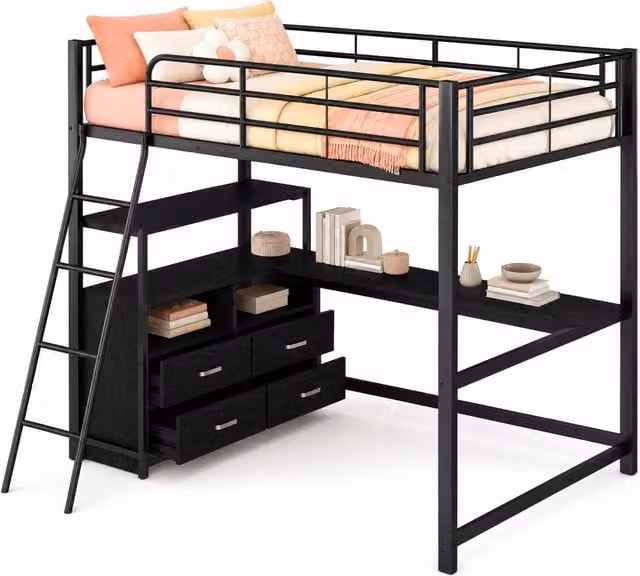 Letto a soppalco REDOM in metallo e MDF nero con scrivania e cassetti L/P/H: 204 x 140 x 200 cm – 1