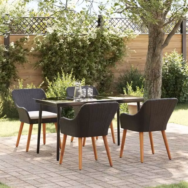 Set da Pranzo per Giardino con cuscino 5 pcs Nero polyrattan
