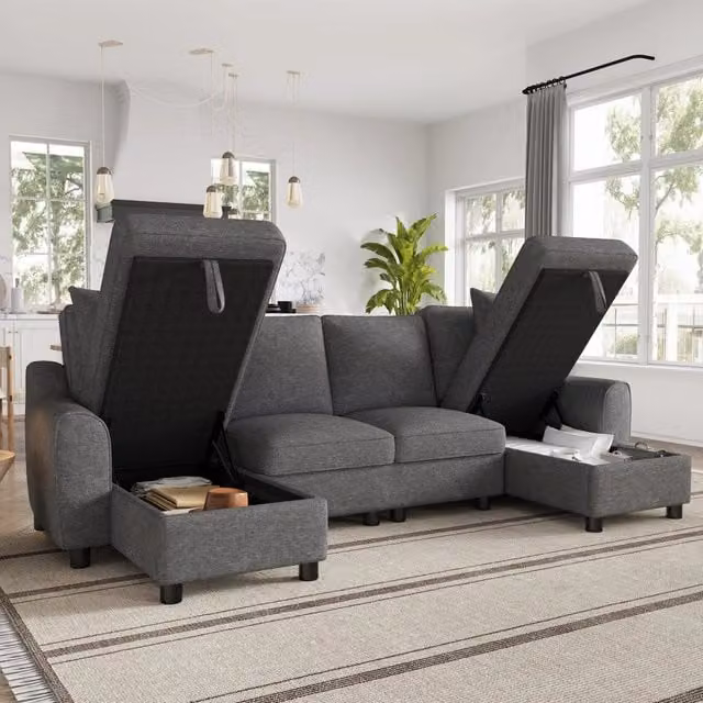 Divano modulare a U WISHDOR in tessuto grigio con funzione letto e contenitore, L: 280 cm, P: 137 cm, H: 84 cm