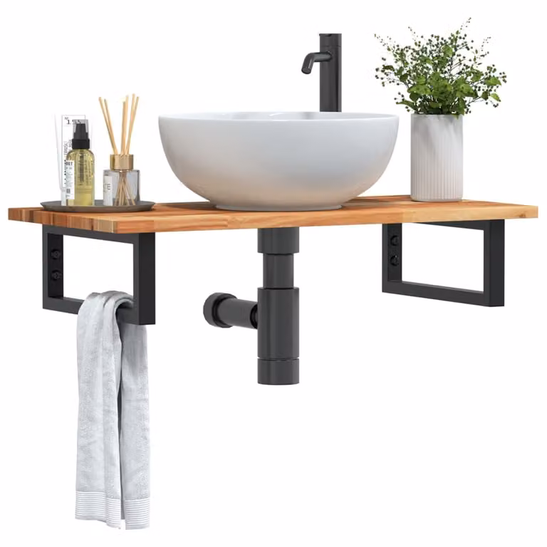 vidaXL Ripiano a Parete per Lavabo in Acciaio e Legno di Acacia, Nero e Marrone, L: 40 cm, P: 17 cm, H: 3 cm