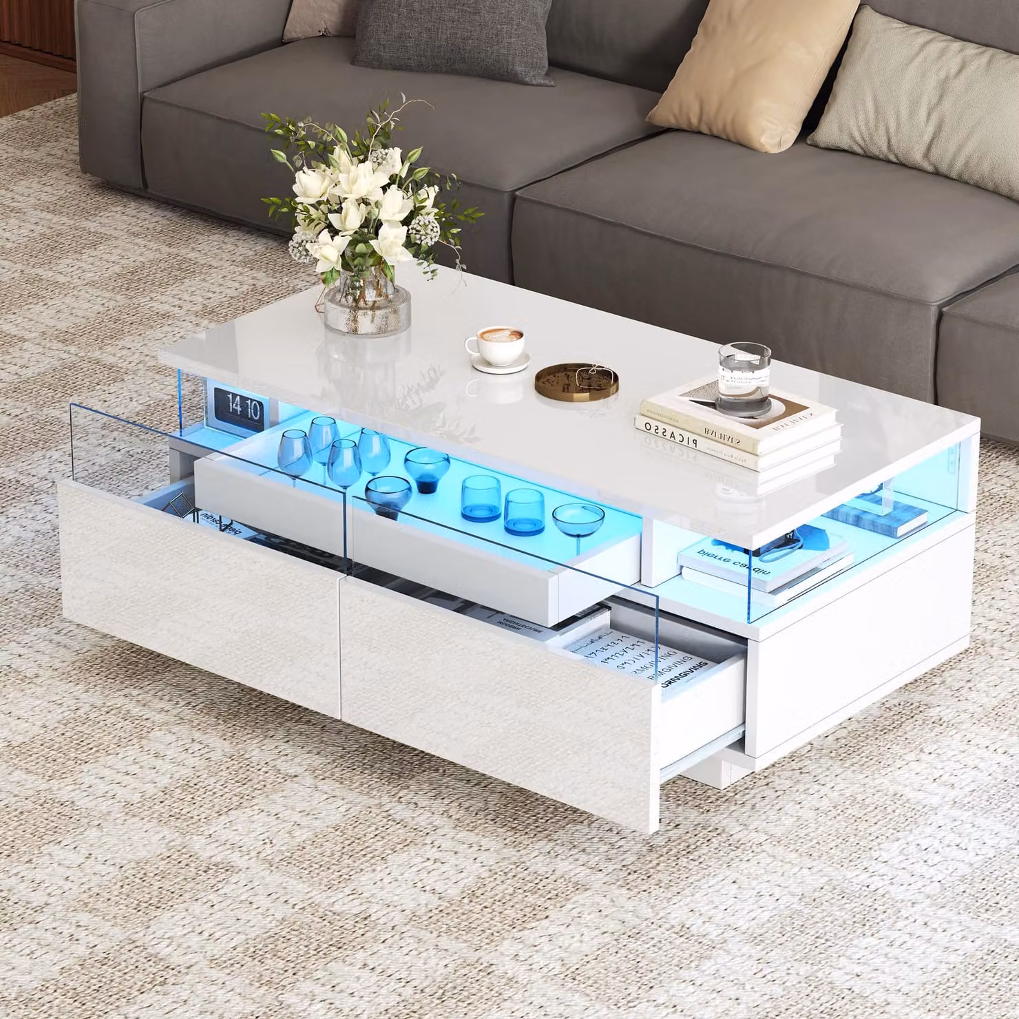 STILVORA tavolino da salotto lucido Tavolo da divano con 2 cassetti, tavolino in vetro temperato, tavolino con luce LED, bianco
