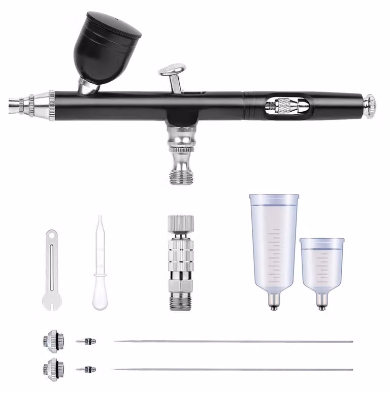 Kit per aerografo a doppia azione, ugello 0,2/0,3/0,5 mm, serbatoio da 7+20+40 cc, colore nero