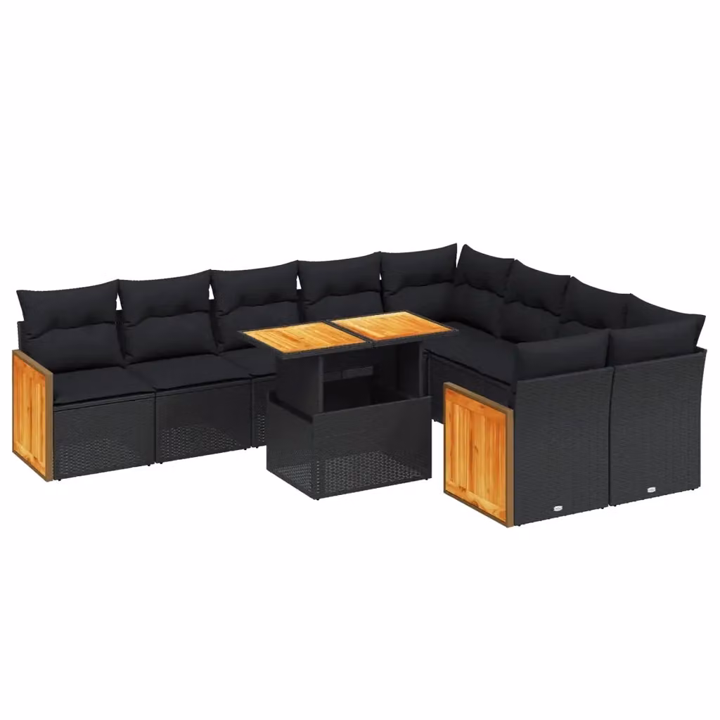 vidaXL Set Divani da Giardino 10pz in Polyrattan Nero con Cuscini e Tavolino da Esterno – 2