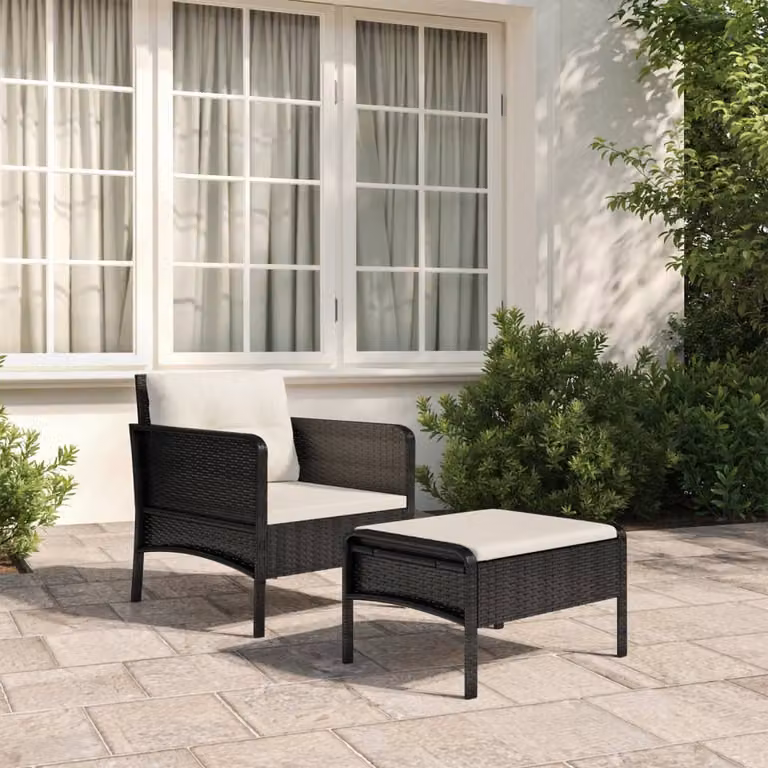 Set da giardino vidaXL in 2 pezzi con cuscini in polyrattan e metallo nero opaco