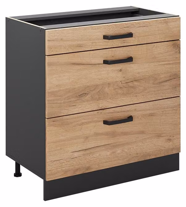 Mobiletto base per cucina Vicco R-Line Rovere dorato/Antracite 80 cm con 3 cassetti senza piano di lavoro, Model 72387