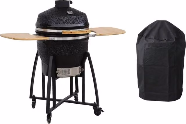 Barbecue a carbone, griglia e affumicatore, ceramica 54,5cm con ruote,