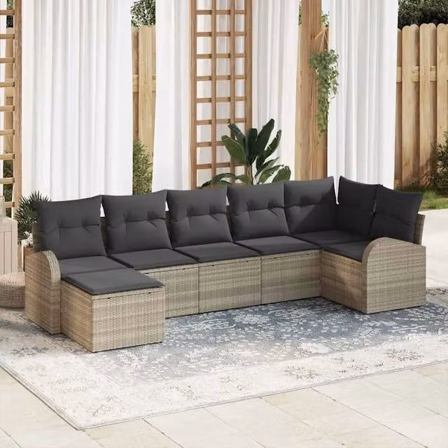 Set di divani da giardino a forma di L vidaXL in rattan e metallo, 7 pezzi, Grigio