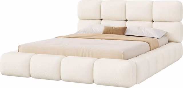 Letto Contenitore 180x200 cm; Letto Matrimoniale con Sollevamento Idraulico; Bouclé Bianco