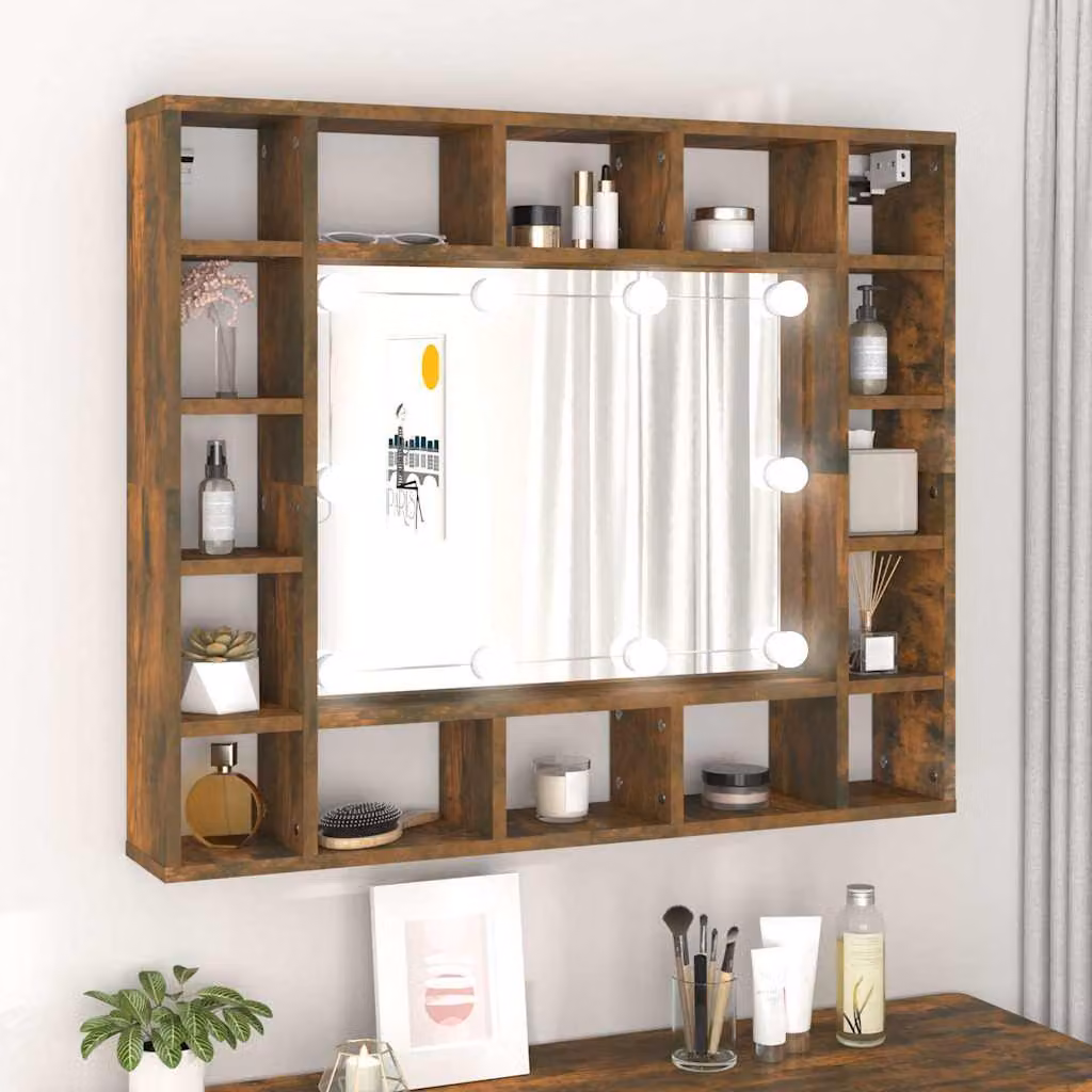 Armadietto da bagno con specchio e illuminazione LED vidaXL in rovere fumo L: 91 cm, P: 15 cm, H: 76,5 cm