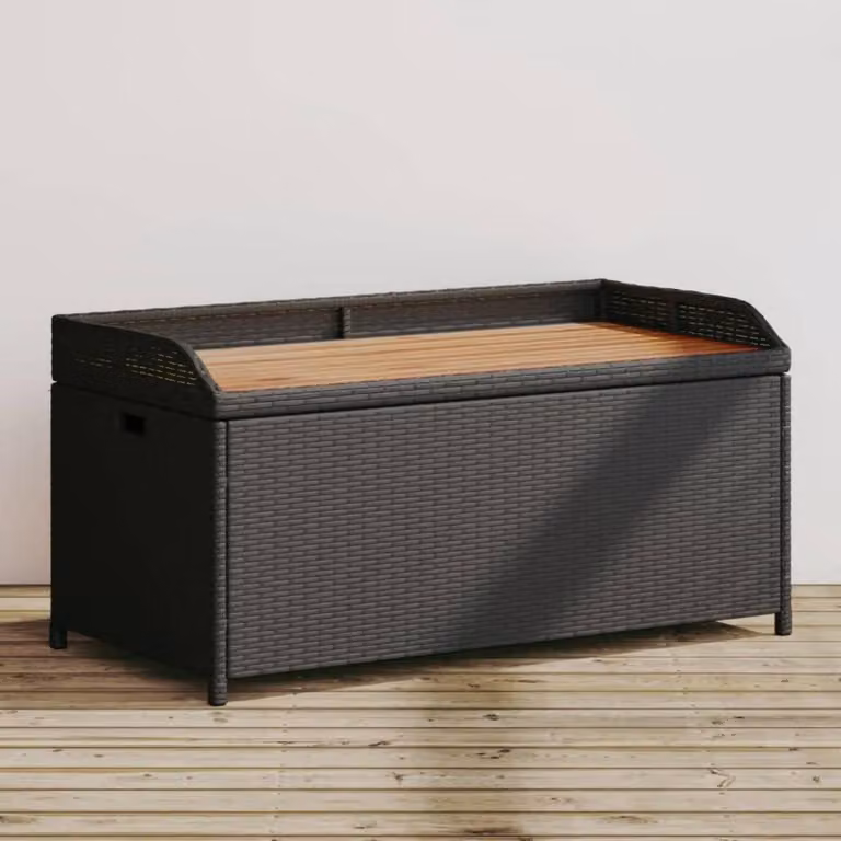 Panca da giardino con spazio contenitore, colore nero, dimensioni 100x50x52 cm, realizzata in rattan sintetico e legno di acacia