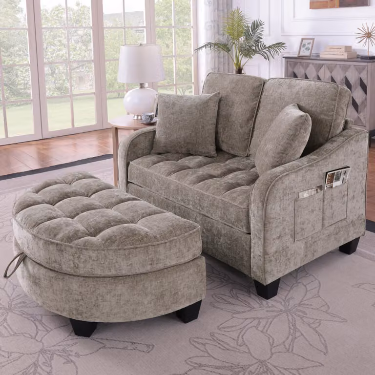 okwish 2-in-1 Divano letto Divano modulare Divano lounge con piedini antiscivolo in plastica, Chaise longue Poltrona relax con pouf contenitore, Marrone