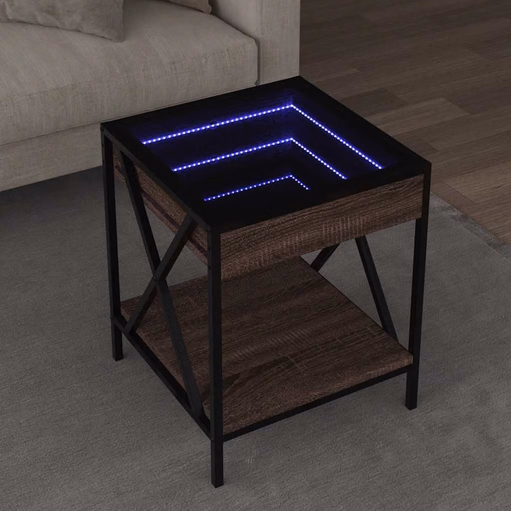 Tavolino da salotto moderno vidaXL con LED in rovere marrone e vetro, L/P/H: 40 x 40 x 49 cm