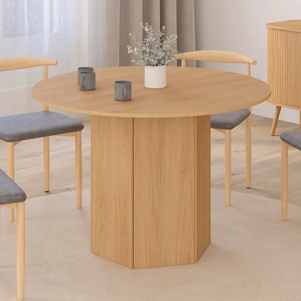 IDMarket Tavolo da pranzo rotondo BERTHE per 6 persone con gamba esagonale centrale, effetto legno faggio, colore marrone e beige, Diametro: 110 cm, Altezza: 75 cm – 2