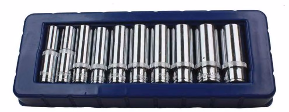 Set di chiavi a bussola profonde da 3/8", 10 pezzi, da 10 a 19 mm, colore blu