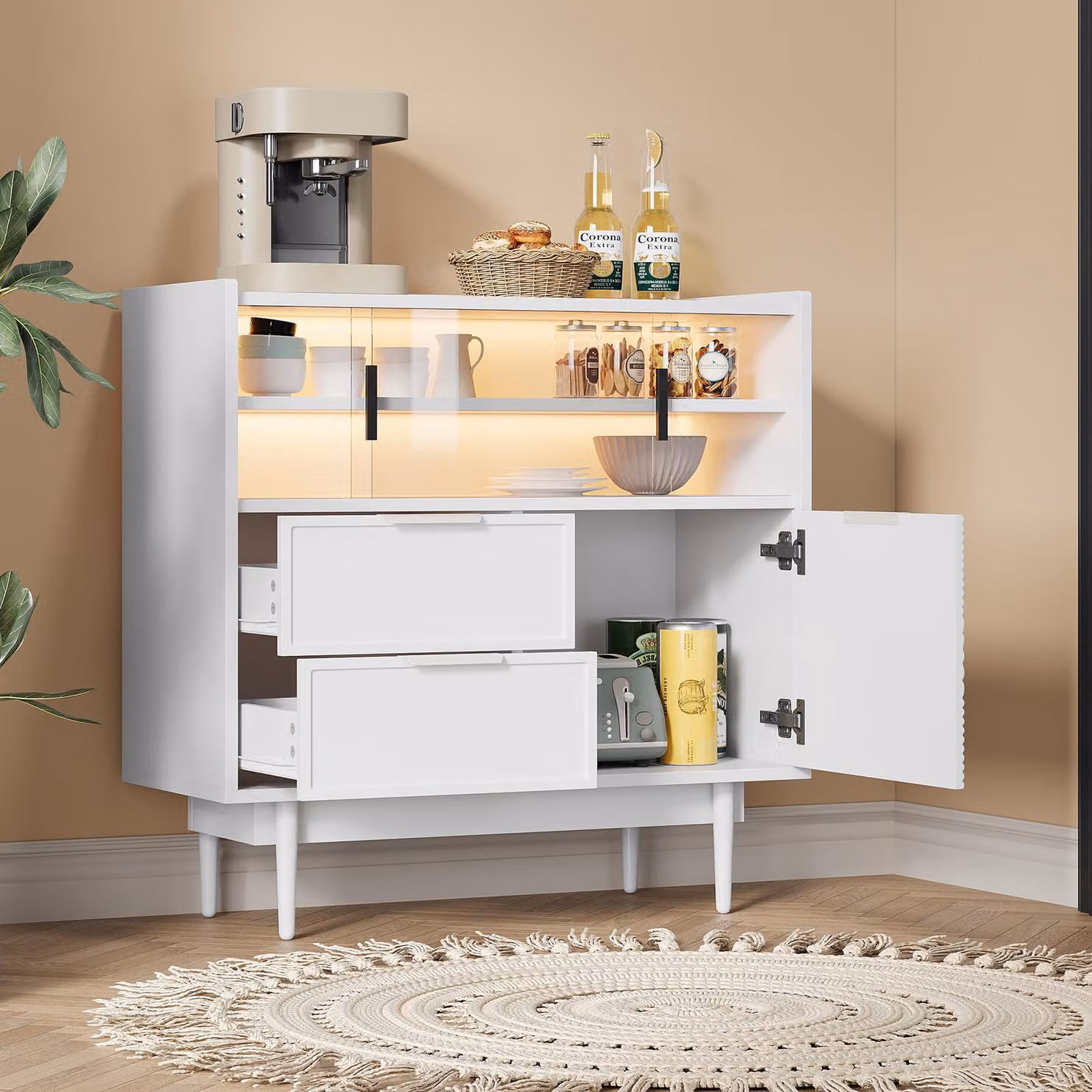 mobile da corridoio credenza okwish con striscia luminosa a LED regolabile, mobile contenitore laterale con ante scorrevoli in vetro e cassetti, mobile da bagno, bianco