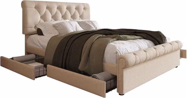 Letto contenitore matrimoniale beige con 4 cassetti e testiera regolabile L/P: 140 x 200 cm