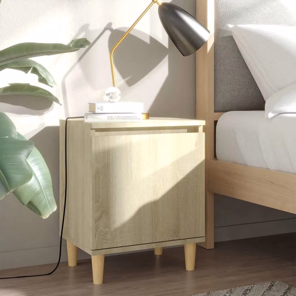 Comodino vidaXL in stile scandinavo con gambe in legno di eucalipto, colore beige e marrone, L: 40 cm, P: 35 cm, H: 50 cm