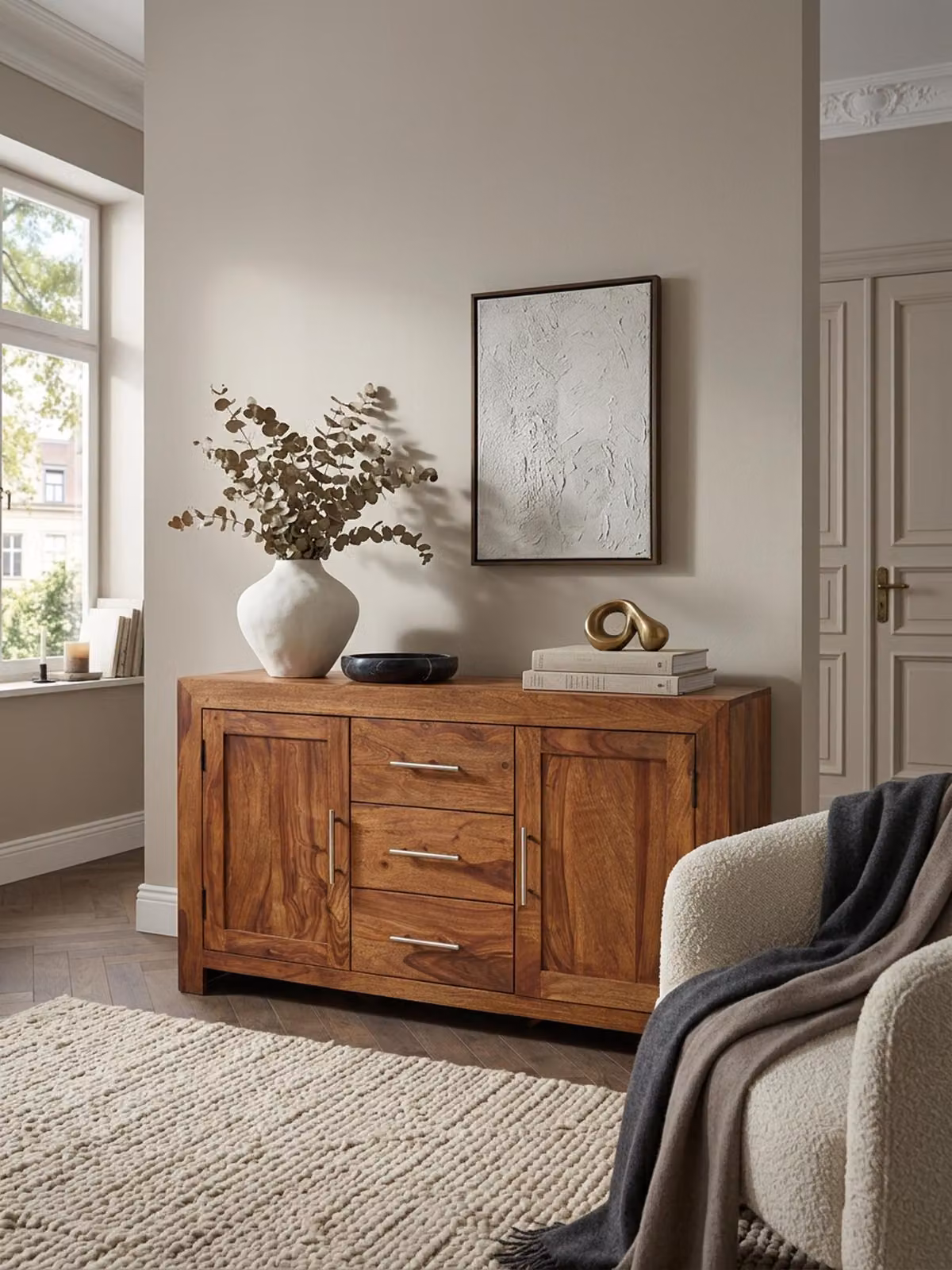 Credenza in legno massello Sheesham Comò 118 cm 3 cassetti 2 ante Design Highboard Stile rustico Marrone naturale