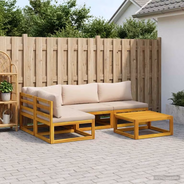 Set di divani da giardino vidaXL in legno di acacia massello con cuscini beige e tavolo da caffè, composizione a L con 5 pezzi in stile rustico e colore marrone