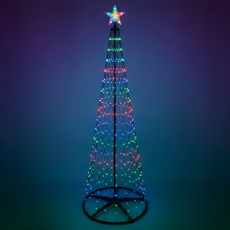 Albero di Natale luminoso con punta a stella, altezza 210 cm, per uso esterno, con telecomando e timer - 370 LED - Albero di Natale in metallo nero, multicolor, con cambio di colore