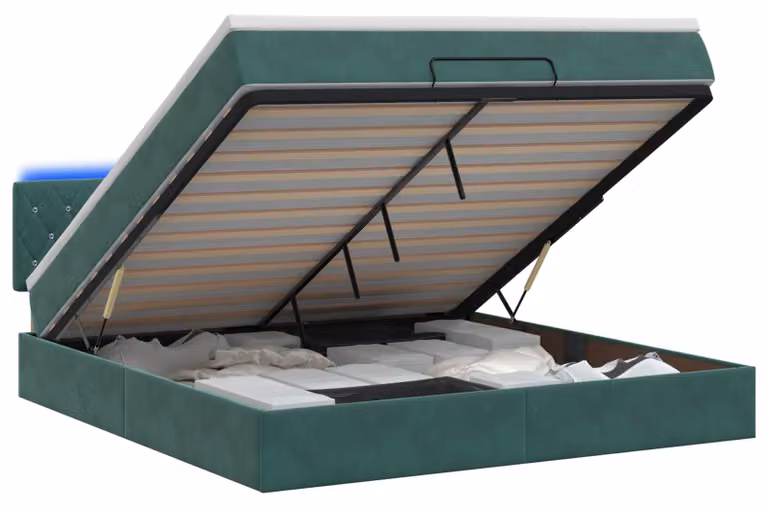 Panca-letto con materasso e illuminazione LED, verde scuro, 180 x 200 cm, rivestita in velluto