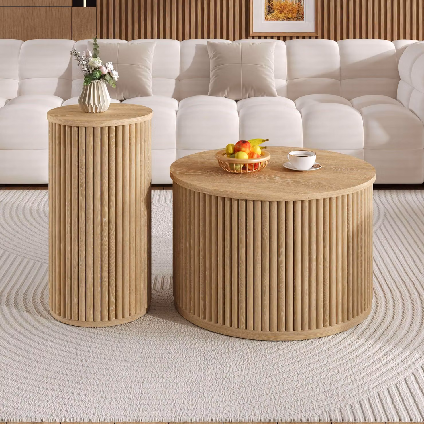 Set di 2 tavolini rotondi Merax con motivo a righe verticali 3D, tavolini doppi con doghe in legno naturale, robusto tavolino da divano in MDF, natura