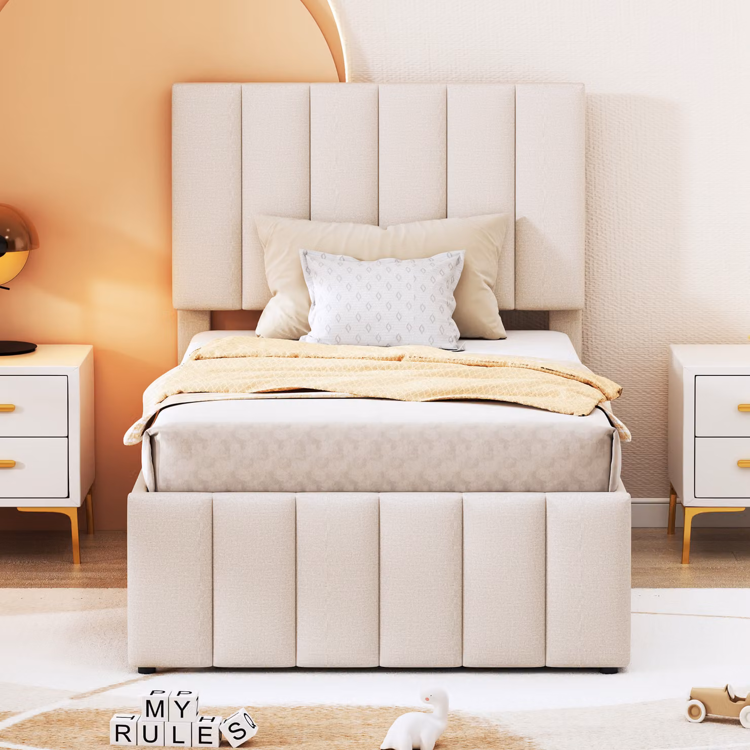 Letto imbottito per ragazzi MODFU 90x200 con materasso e letto estraibile, letto per bambini con 3 cassetti, letto singolo con testiera regolabile in altezza, beige